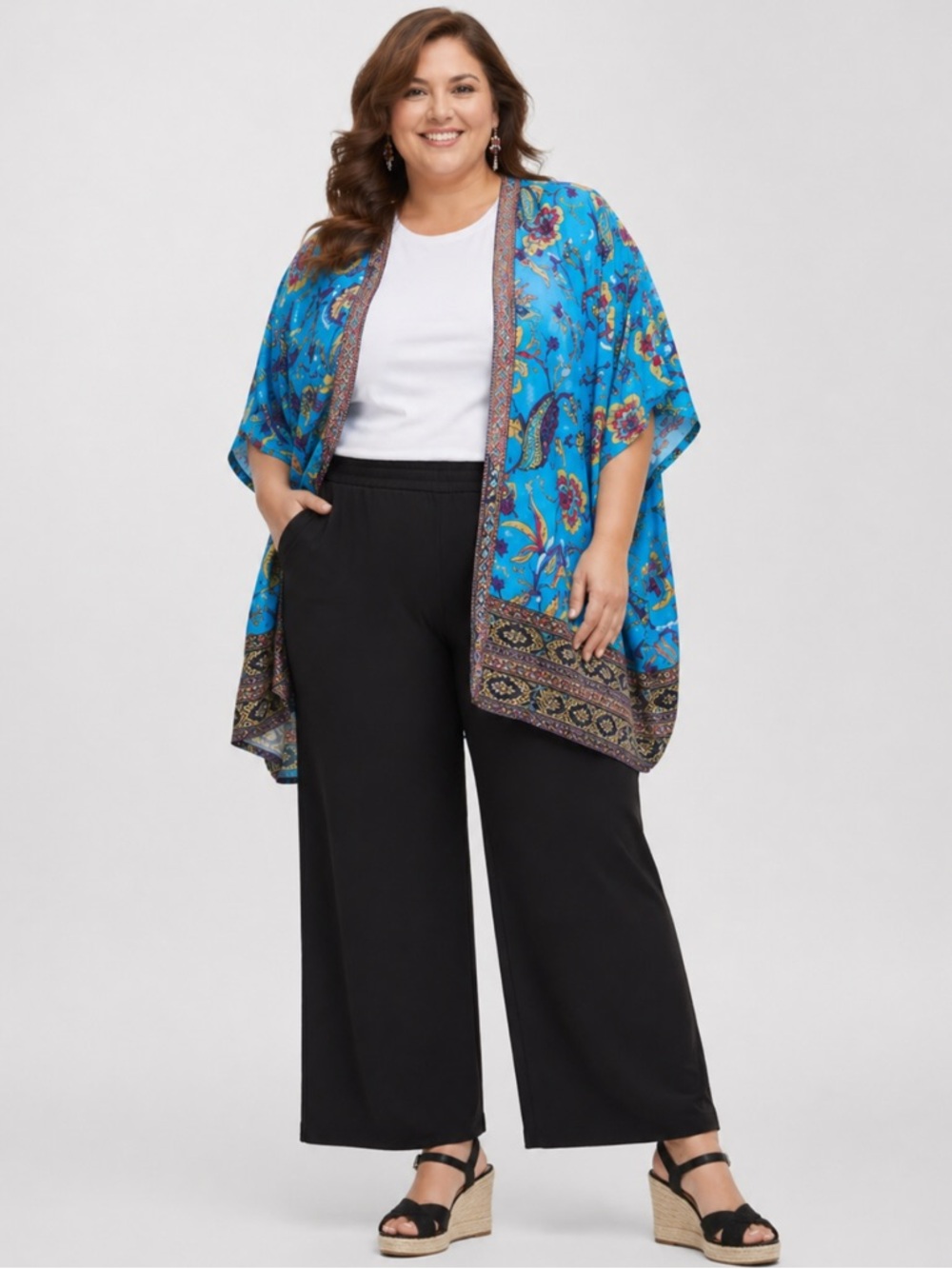 NWT JM Collection Linen Blend Printed Kimono Lightweight Summer Resortwear‎
